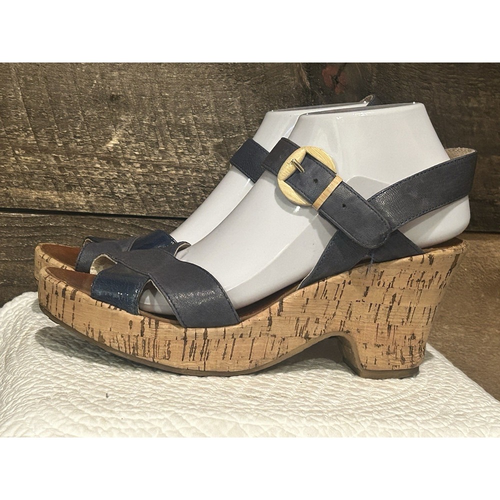 Keys Blue Leather Platform Cork Wedge Sandals -‎ Size 9/40